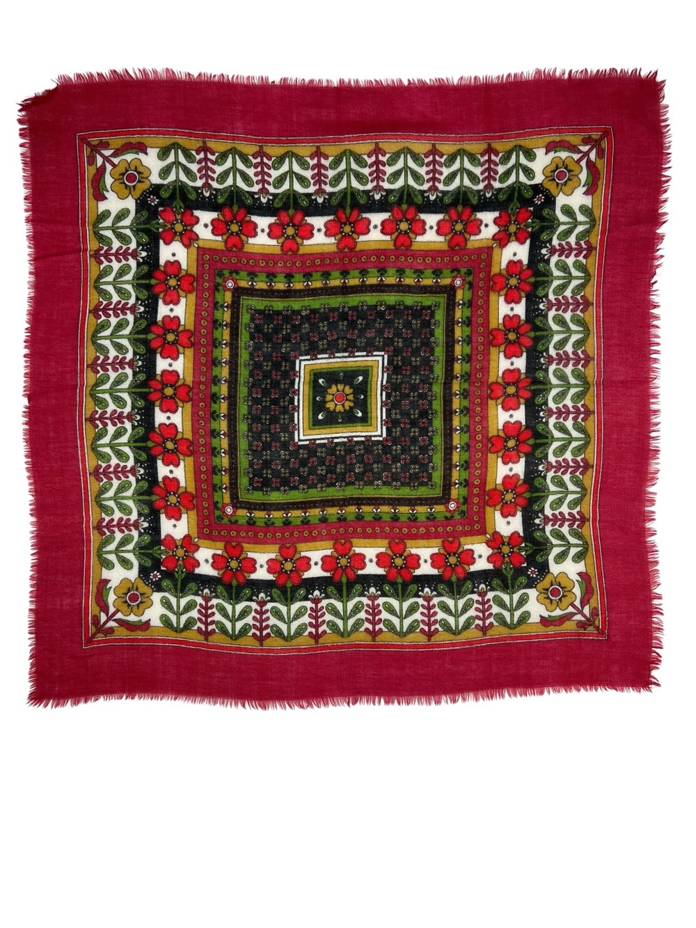 Andante Vintage Made Italy Folk Floral Square Scarf Fringe Red Boho Cottagecore